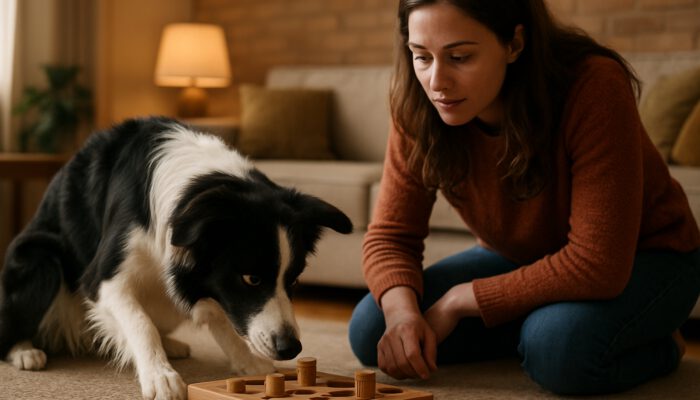 Border collie engaged in problem-solving with a wooden puzzle toy while the owner observes in a comfortable setting
