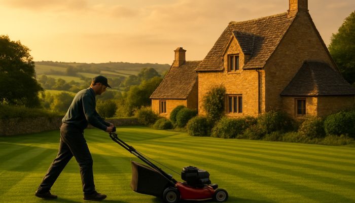 Gardener mowing pristine lawns next to stone cottages in Haselbury Plucknett countryside