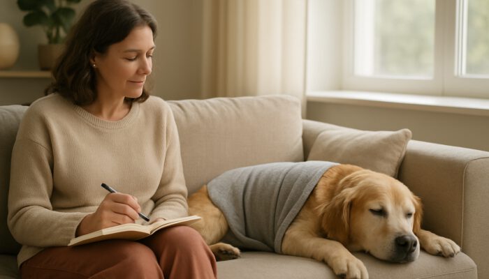 Calm dog wearing a soothing wrap on the couch while owner notes reactions in a journal