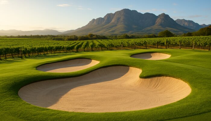 Lush Cape Winelands golf bunkers with fine sand, bordered by vineyards and rolling mountains.