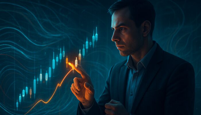 Trader analysing holographic candlestick charts with entry-exit arrows for recovery factor strategy
