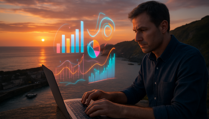 Ilfracombe business owner analysing holographic traffic analytics on laptop against a backdrop of Devon cliffs at sunset