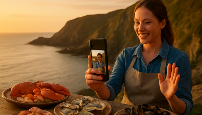 Ilfracombe business owner recording a TikTok video featuring coastal cliffs and seafood at sunset