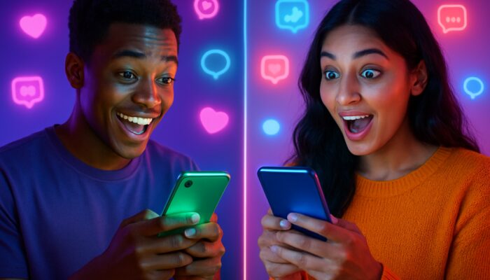 Split-screen TikTok duet on glowing smartphones with diverse creators, neon colours, and floating social icons.