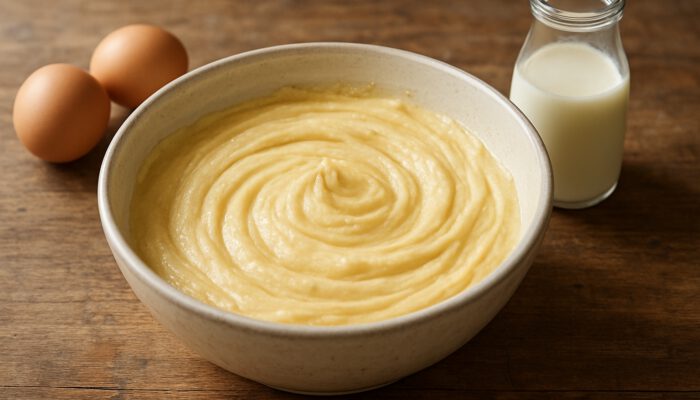 Close-up of smooth muffin batter with eggs and milk on rustic Australian kitchen counter