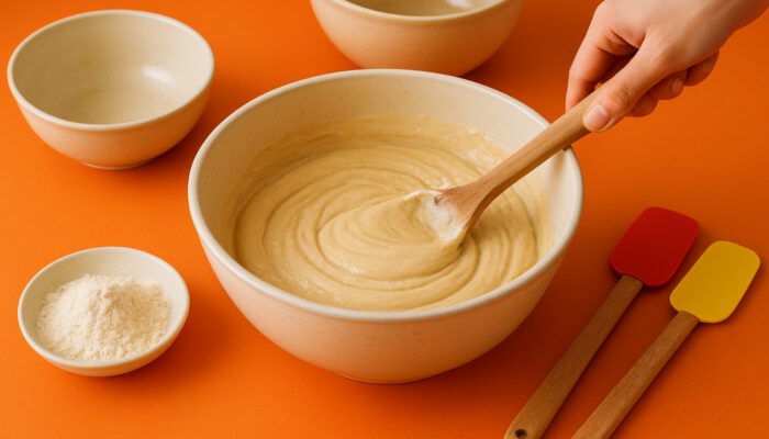 Vibrant kitchen counter with ceramic bowls, wooden spoons, and spatulas mixing healthy muffin batter.