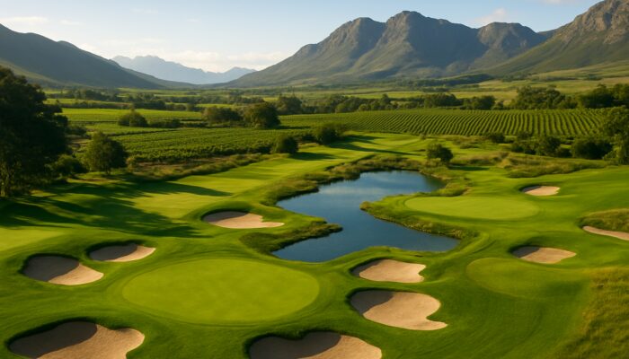 South African Winelands golf course featuring rolling fairways, vineyards, and mountains
