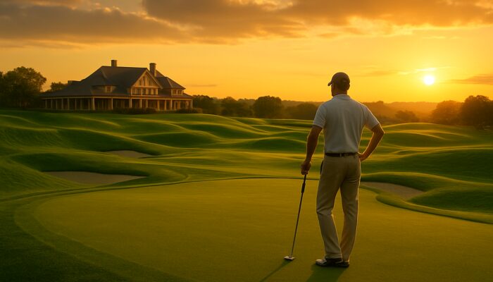 Luxurious golf resort featuring emerald fairways, elegant clubhouse, and golfer at sunset