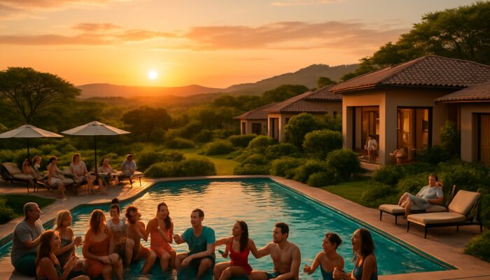 Vibrant Gauteng resort at sunset with groups enjoying by pool and exclusive villa parties.