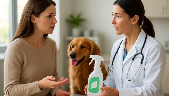 Pet owner consults with a veterinarian about non-toxic cleaning products while relaxing with a dog in a sunlit clinic