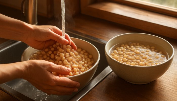 Hands rinsing chickpeas under water in a sunlit Australian kitchen before overnight soaking.