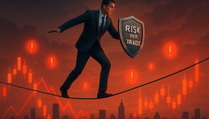 Trader balancing on a tightrope over candlestick charts while holding a Risk Per Trade shield