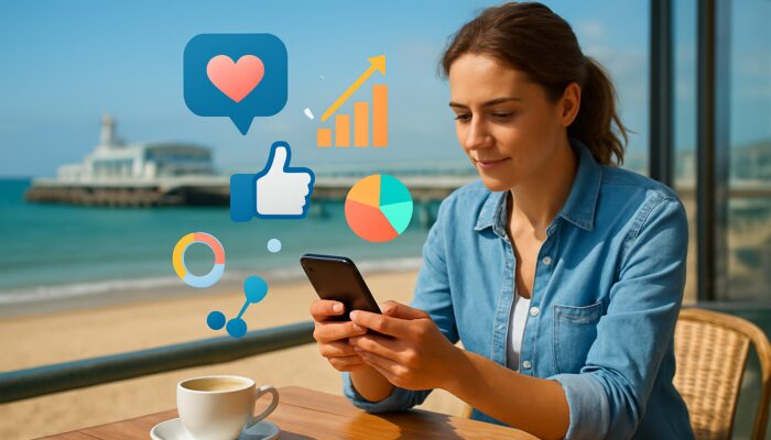 Small business owner strategising social media on smartphone in Bournemouth beach cafe with charts and sea view