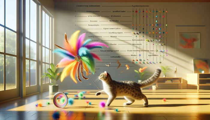 A cat captivated by a colourful feather teaser toy, mimicking prey, in a sunlit room.