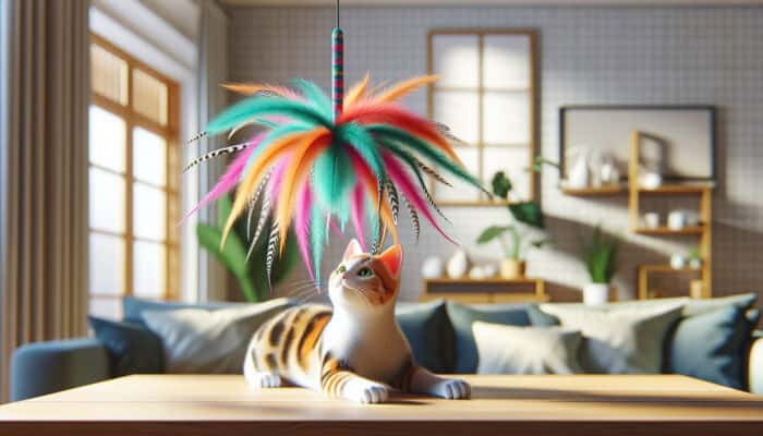 A well-designed feather teaser toy tailored to a cat's size and play style, made from safe, durable materials.