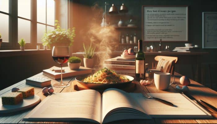 Top Easy Dinner Ideas for One Person: A cosy kitchen table set for one with steaming pasta, wine, and a recipe book.