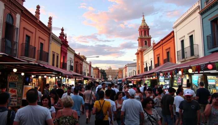 Vibrant San Miguel de Allende festival featuring colourful art installations, live music, food stalls, and joyful crowds in historic plazas at twilight.