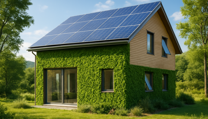 Modern eco-friendly house featuring solar panels, green walls, and smart windows within a tranquil landscape.