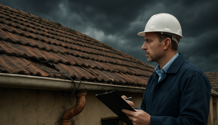 Professional inspector examines cracked roof and exposed wires on an old South African home in Springs under a stormy sky.