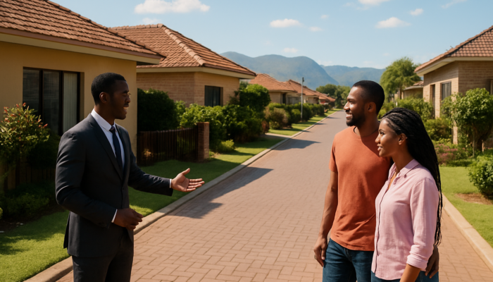 Couple inspecting modern homes on a busy Thohoyandou street with a real estate agent under a sunny sky.