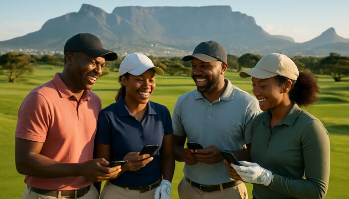 Diverse South African golfers laughing on sunny Cape Town course with Table Mountain backdrop.