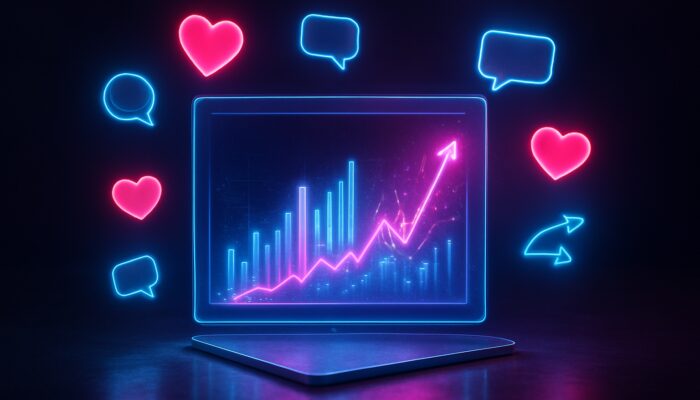Futuristic holographic dashboard with orbiting hearts, speech bubbles, and neon engagement charts for marketers.