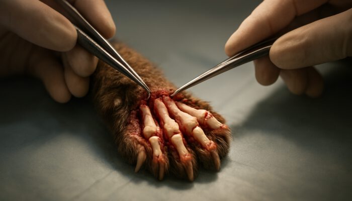 Cat paw mid-declawing surgery exposing distal phalanx bones with surgical tools in close-up