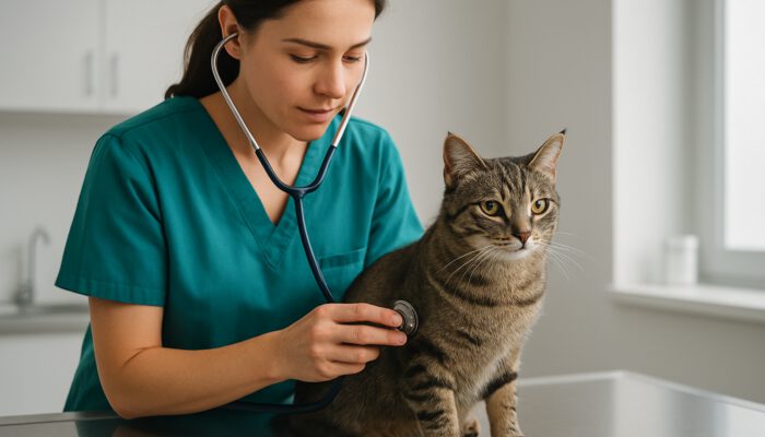 Veterinarian examines a calm tabby cat with a stethoscope prior to surgery in a clinic