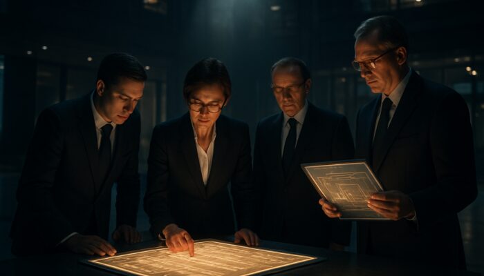 Regulatory officials scrutinise glowing ledgers and blueprints under spotlight in sleek exchange hall.