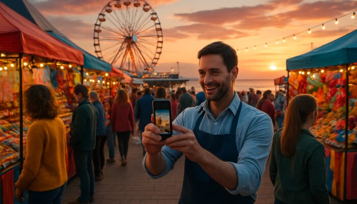 Bustling Weston-super-Mare Carnival at sunset with locals at colourful market stalls and café owner on Instagram