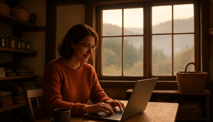 Small business owner blogging on a laptop in a rustic Lydney shop with stunning views of the misty Forest of Dean