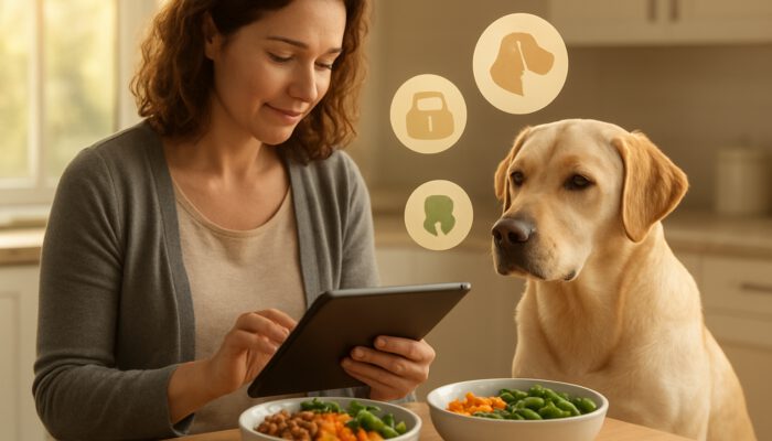 Owner reviewing Labrador health data on a tablet beside customised nutrition bowls in the kitchen