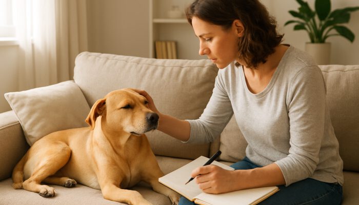 Owner observing relaxed dog on couch while recording flea control notes