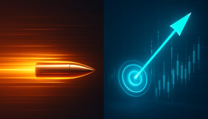 Split-screen art: market order bullet speeding to ticker vs limit order arrow hitting bullseye chart