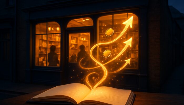 Nailsea shopfront at dusk with copywriting notebook attracting customers amid sales arrows and coins