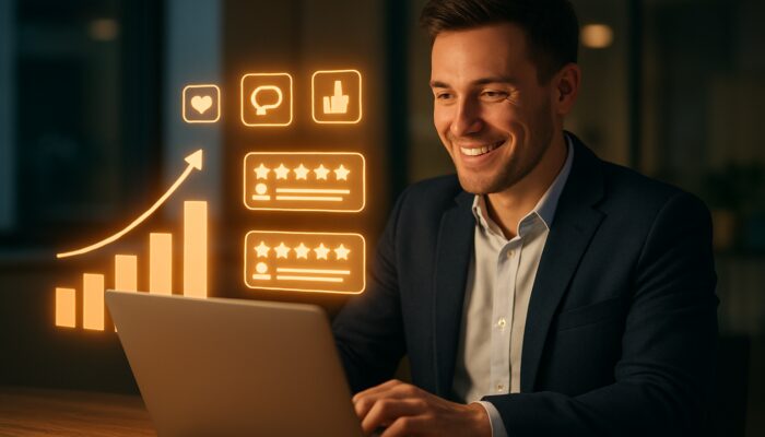 UK entrepreneur reviews glowing client testimonials on laptop amid rising sales charts in modern office.