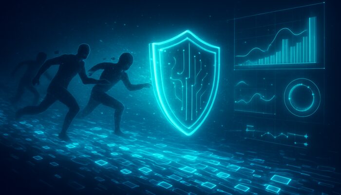 Digital shield blocking MEV front-runners from blockchain transactions with holographic resilience metrics in neon void