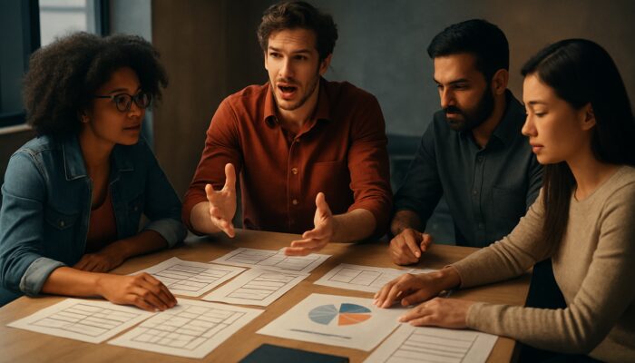 A diverse creative team planning a brand video using storyboards and budget charts in a cinematic setting