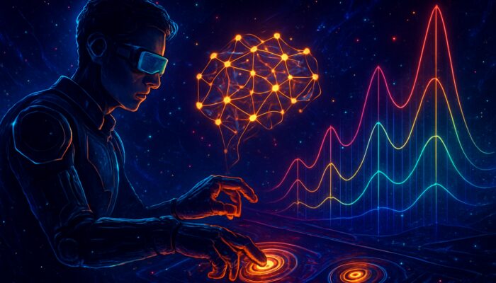 Cyberpunk AI engineer fine-tuning glowing neural networks amid converging hyperparameter optimization graphs in digital cosmos.