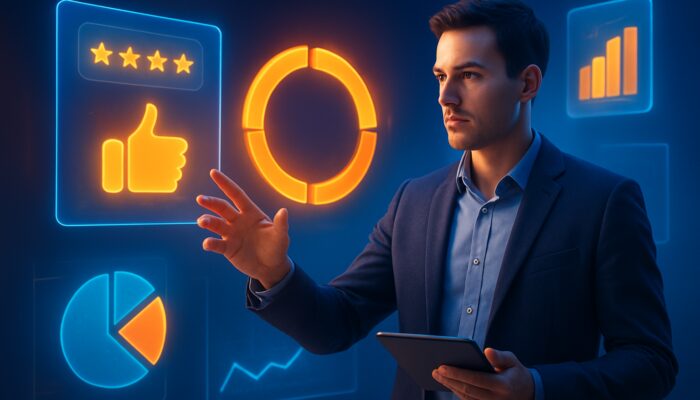 Marketer evaluating positive customer feedback and competitor metrics displayed on floating screens for a demo video.