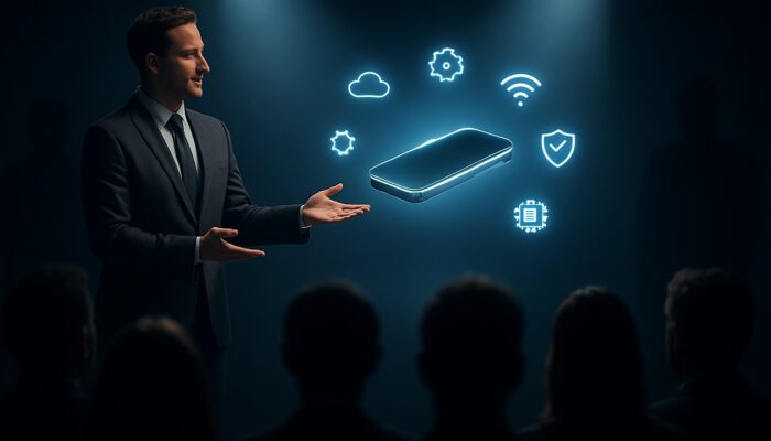 Engaging product demo of an innovative gadget with tech icons contrasting against shadowy competitors in front of an audience.