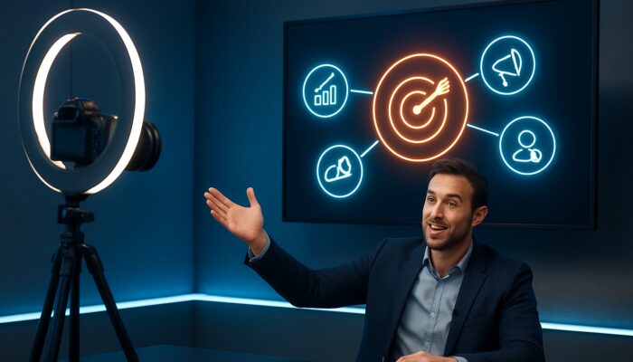 Marketer scripting product demo video in a sleek studio, surrounded by glowing sales goal icons.