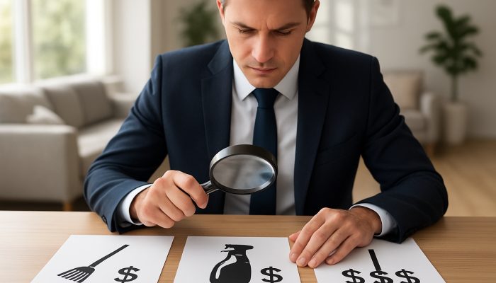 Businessperson examining cleaning quotes with a magnifying glass, sparkling modern home backdrop.