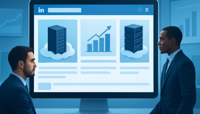 LinkedIn interface showing B2B cloud hosting ads with server racks and conversion charts in blue workspace.