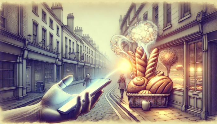 Lively Yeovil street scene featuring a cozy bakery displaying fresh bread; a person checking their smartphone for business hours, menu, and customer reviews.