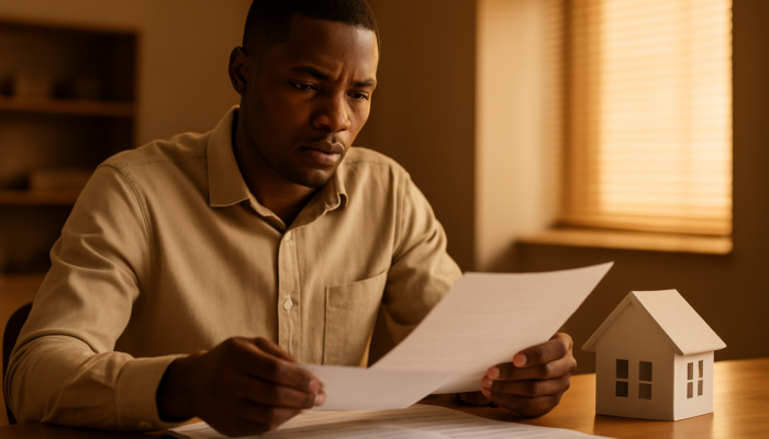 Determined South African applicant evaluating payslips and contracts for home loan at the bank.