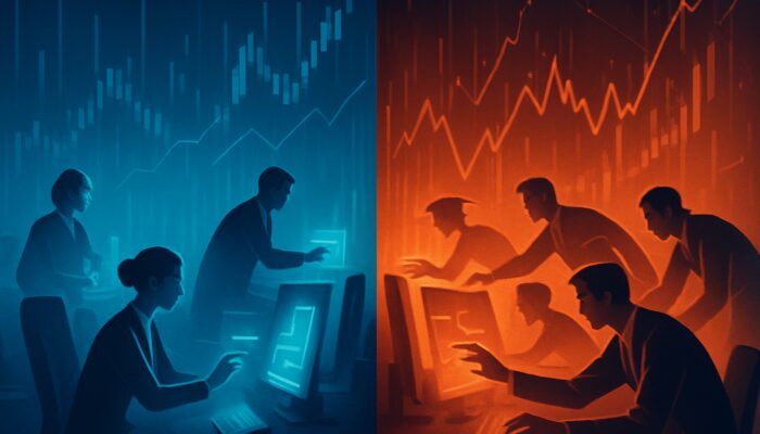 Split trading floor with calm makers building liquidity pools and urgent takers executing market orders amid flashing charts