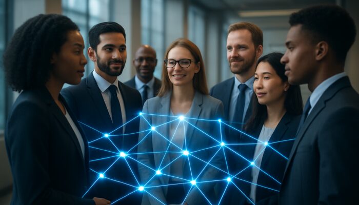 Diverse professionals linked by glowing digital threads in a modern hall, symbolising collaborative industry associations and growth.